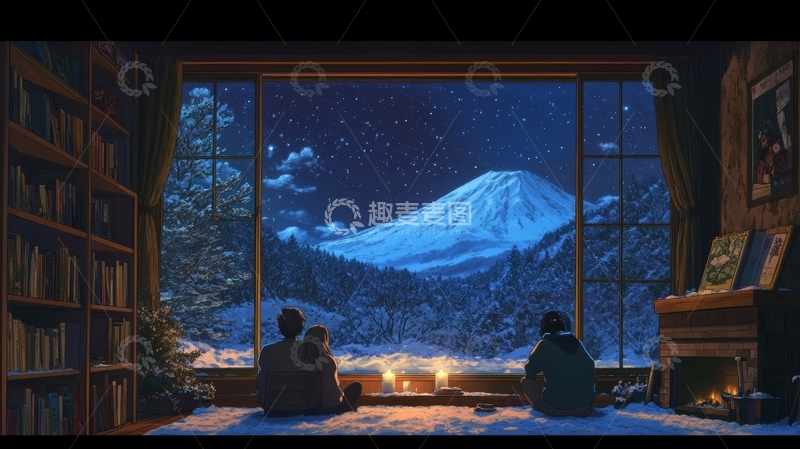高清大图下载【趣麦麦图】窗前观雪夜，共赏雪山美景
