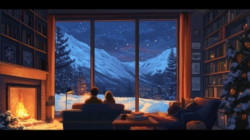 冬夜窗前，温馨室内与雪山美景