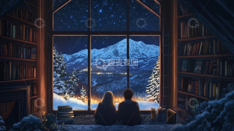 高清大图下载【趣麦麦图】窗前观雪夜，书屋共温馨