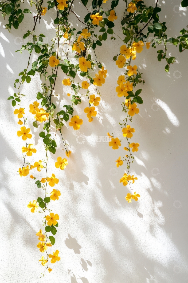 高清大图下载【趣麦麦图】黄色花朵垂挂于白墙，光影交错