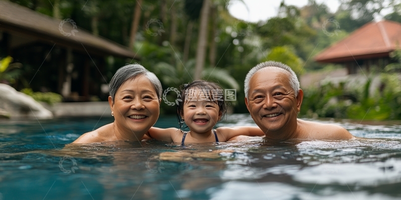高清大图下载【趣麦麦图】三代同堂在泳池中微笑