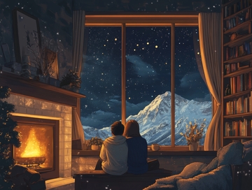 冬夜窗前，共赏雪山星空