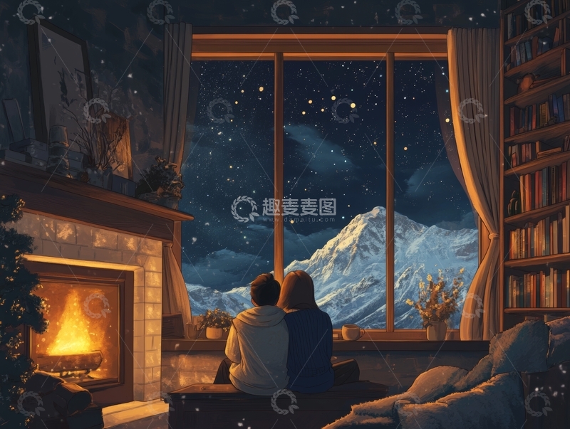 高清大图下载【趣麦麦图】冬夜窗前，共赏雪山星空