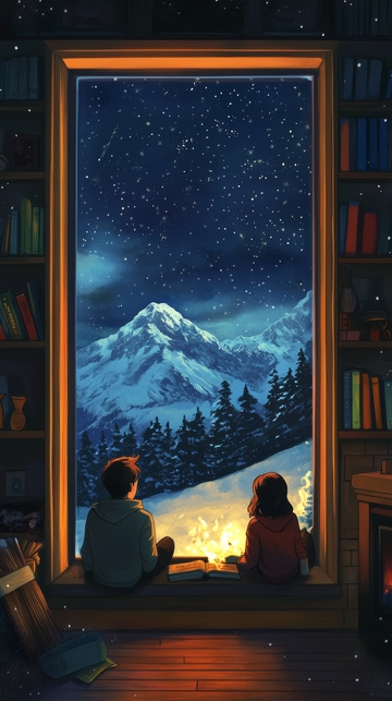 窗前夜景：雪峰与星空