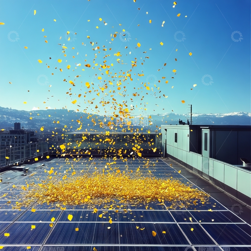 高清大图下载【趣麦麦图】屋顶太阳能板上的金色花瓣雨