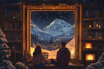 窗前夜景：雪山与星空