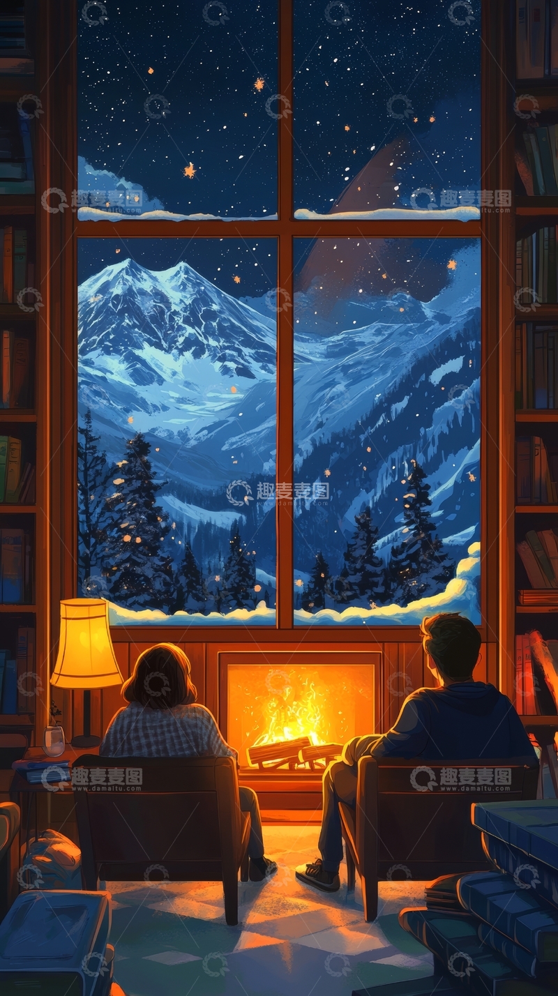 冬夜窗前，炉火旁的温馨时光