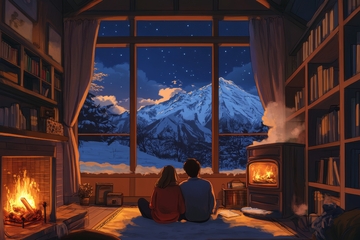 冬夜窗前，共赏雪山