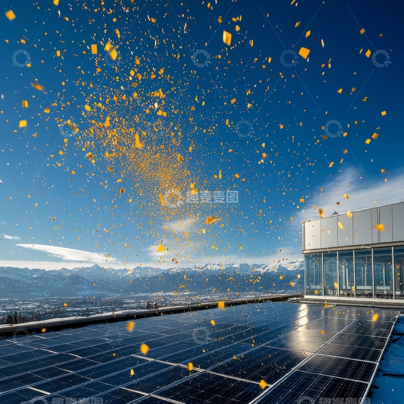 高清大图下载【趣麦麦图】屋顶太阳能板与金色光点
