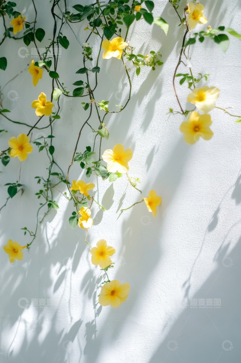 高清大图下载【趣麦麦图】黄色花朵垂挂于白色墙面
