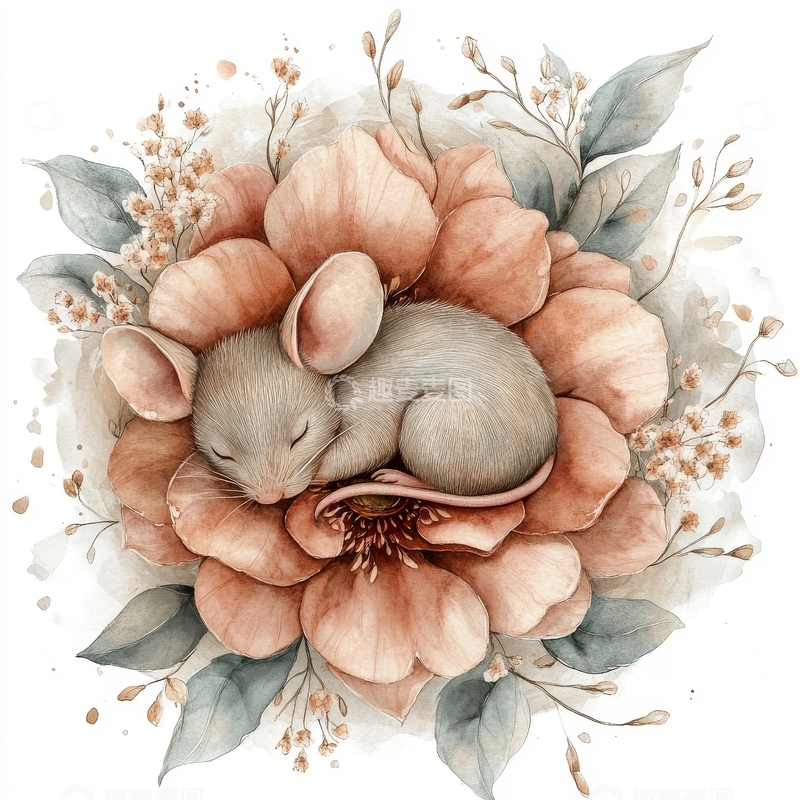 高清大图下载【趣麦麦图】小鼠在花中安睡