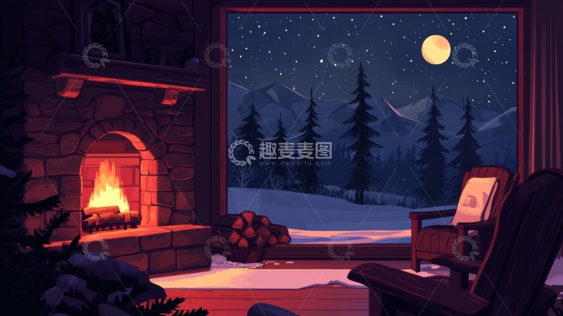 高清大图下载【趣麦麦图】冬夜室内暖炉与窗外雪景