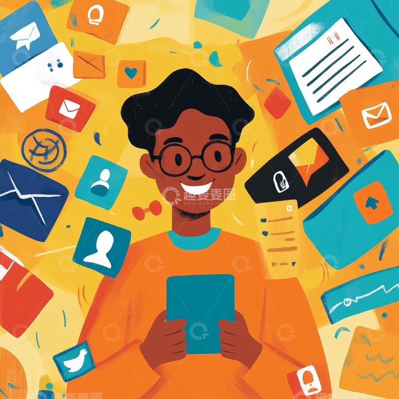 高清大图下载【趣麦麦图】男孩手持平板，周围环绕通讯图标