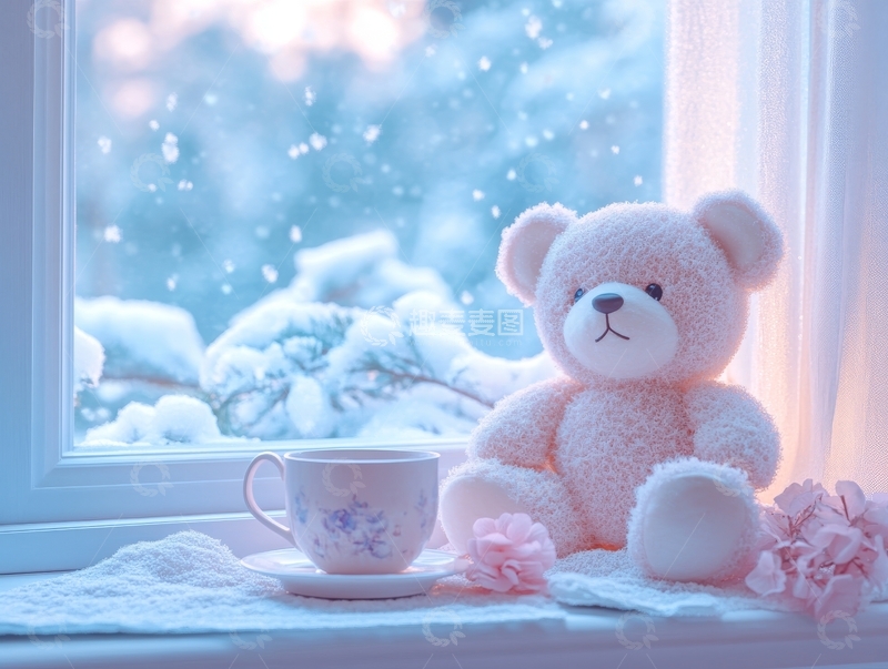 高清大图下载【趣麦麦图】窗边的毛绒熊与茶杯