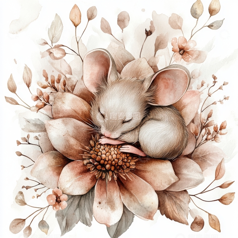 高清大图下载【趣麦麦图】小鼠依偎在花朵中的温馨场景