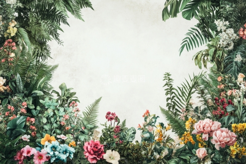 高清大图下载【趣麦麦图】繁茂花卉与绿植环绕的背景墙