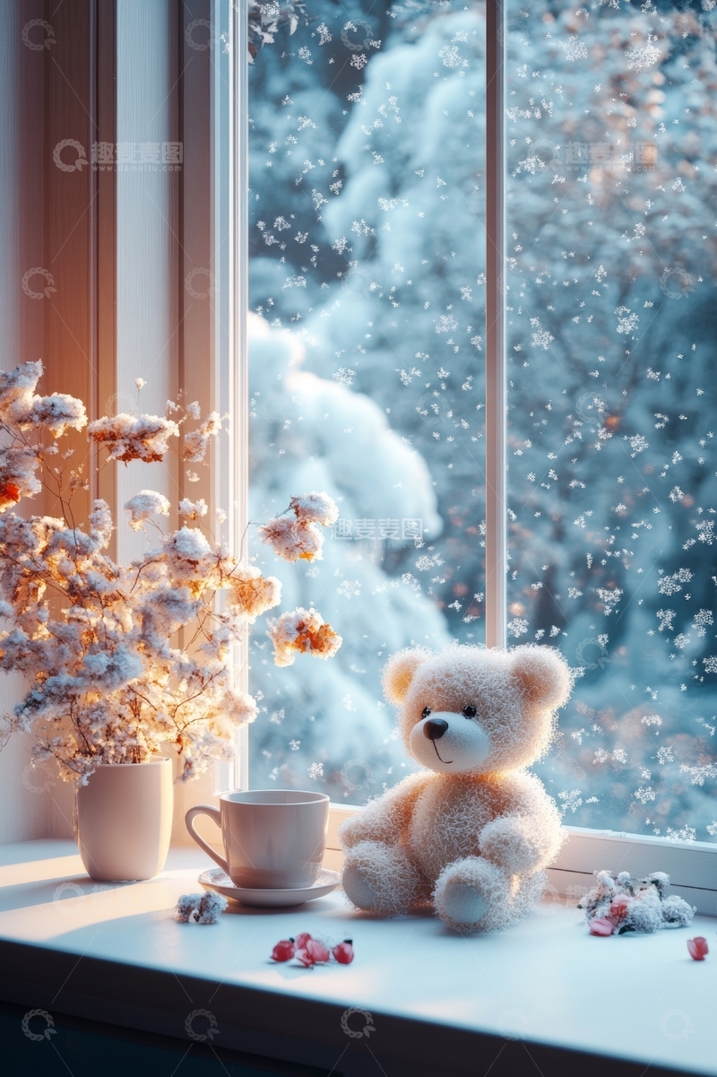 高清大图下载【趣麦麦图】窗边毛绒熊与冬日雪景