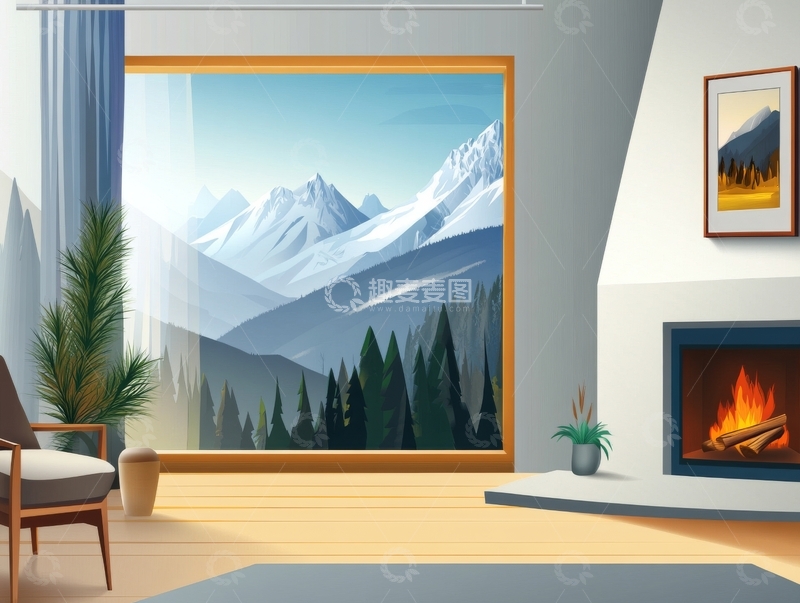 高清大图下载【趣麦麦图】温馨室内与雪山风景