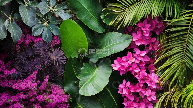 高清大图下载【趣麦麦图】热带植物与粉色花朵的美丽组合