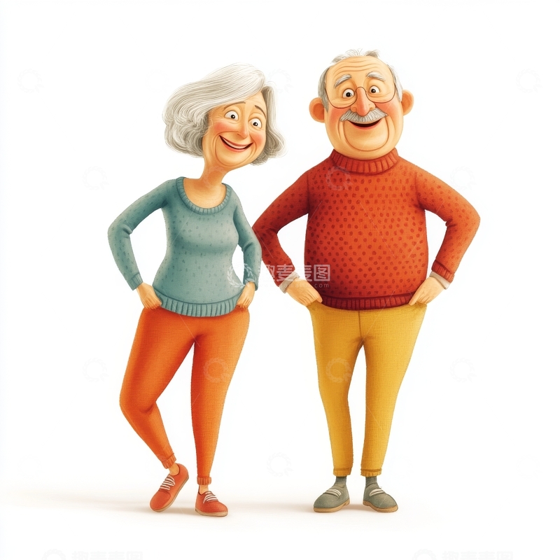 高清大图下载【趣麦麦图】卡通老年夫妇微笑站立
