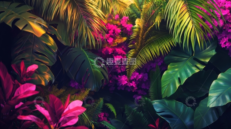 高清大图下载【趣麦麦图】热带植物与粉色花朵的梦幻组合