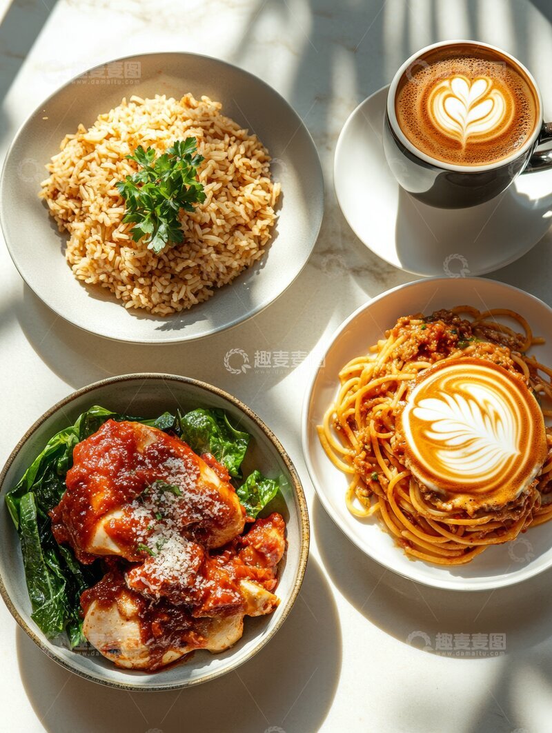 高清大图下载【趣麦麦图】美食拼盘：米饭、意面、烤肉与咖啡