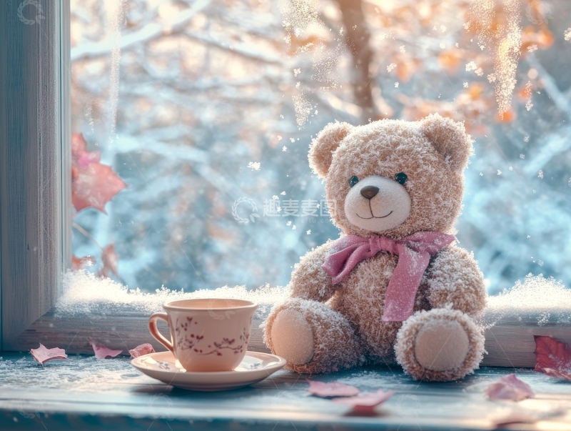 高清大图下载【趣麦麦图】窗边的泰迪熊与热茶