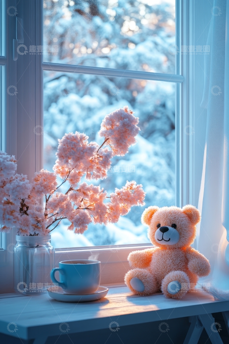 高清大图下载【趣麦麦图】窗台上的毛绒熊与樱花