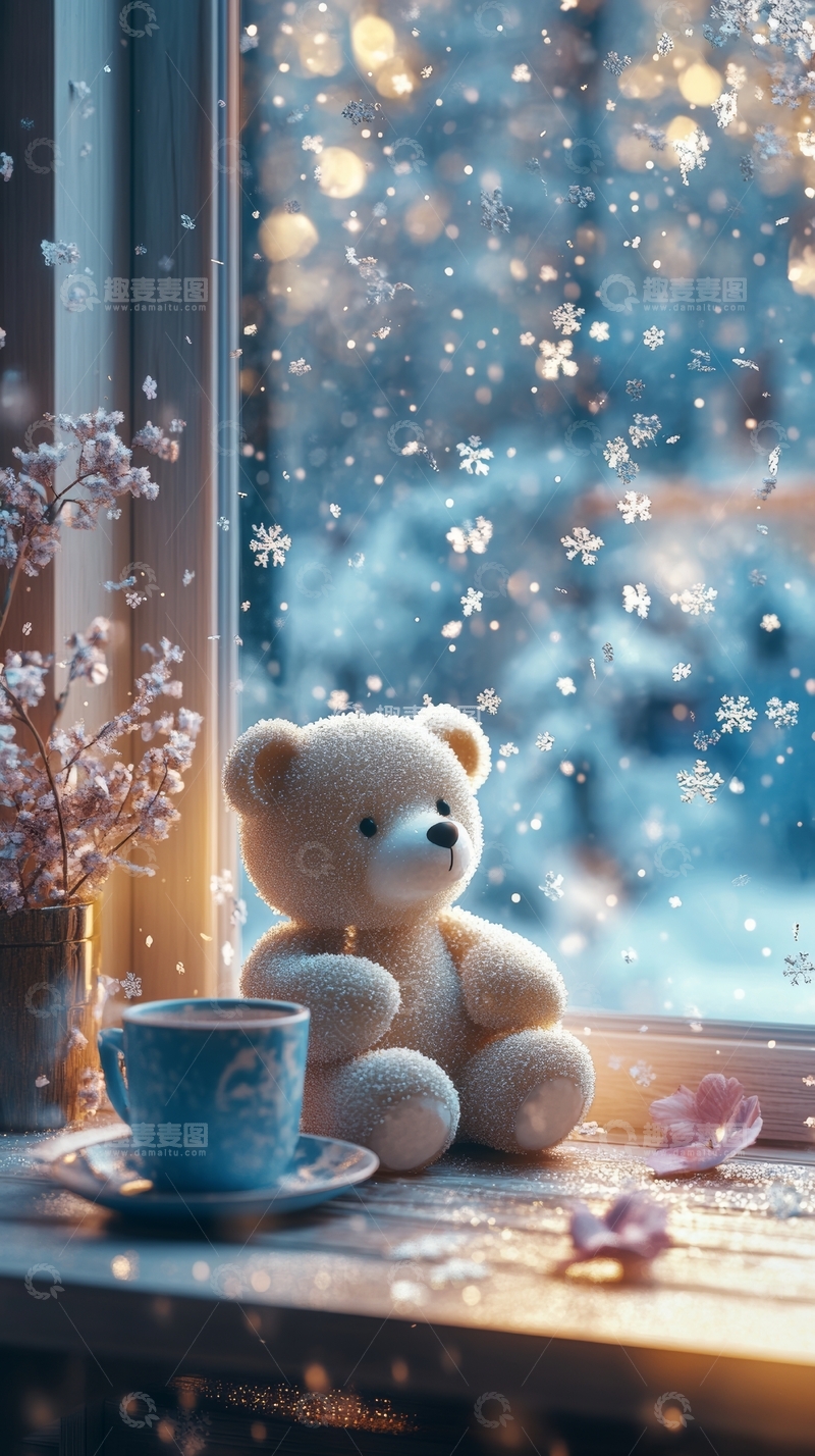 高清大图下载【趣麦麦图】窗边的泰迪熊与热茶
