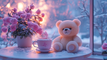 窗边的泰迪熊与花茶