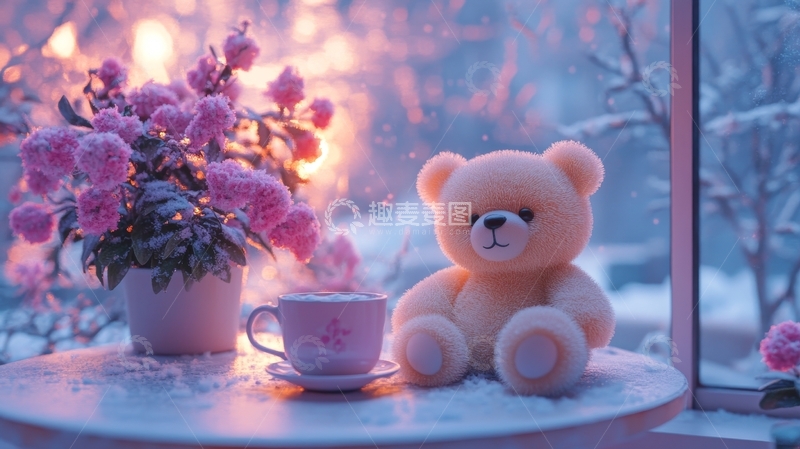高清大图下载【趣麦麦图】窗边的泰迪熊与花茶