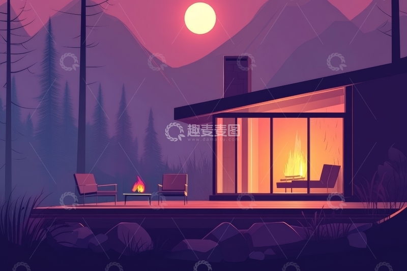 高清大图下载【趣麦麦图】山间现代小屋，夕阳下的温馨夜晚