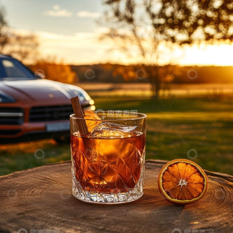 高清大图下载【趣麦麦图】日落时分的橙色鸡尾酒与复古汽车
