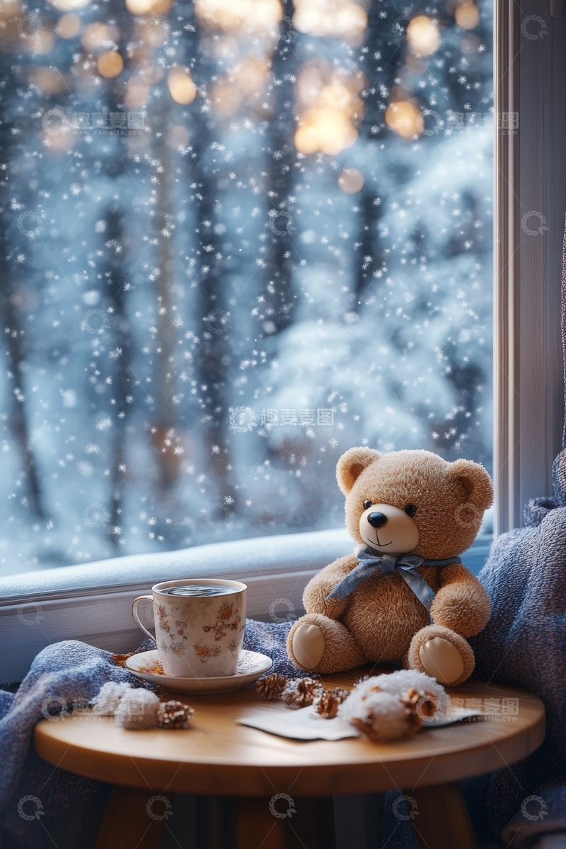 高清大图下载【趣麦麦图】雪景窗边的泰迪熊与热饮