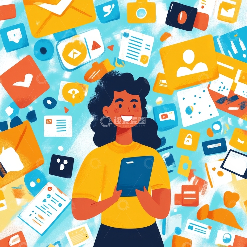 高清大图下载【趣麦麦图】女性手持平板，周围环绕社交媒体图标