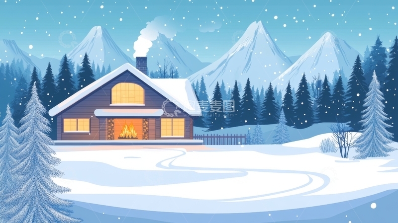高清大图下载【趣麦麦图】雪景中的温馨木屋
