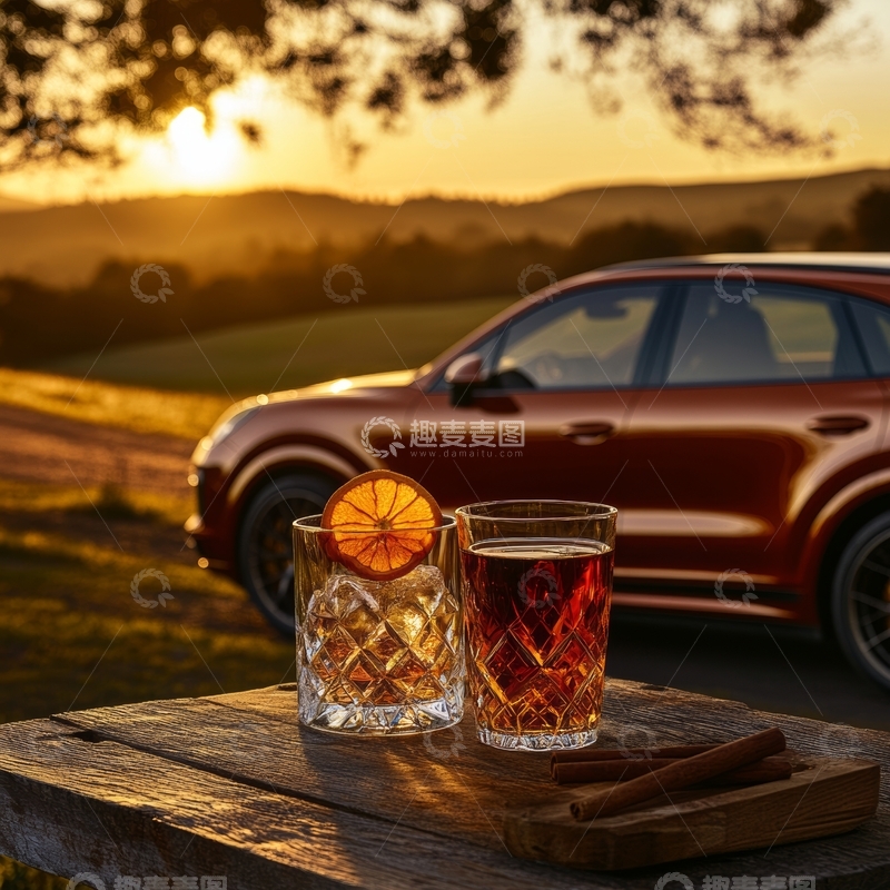 高清大图下载【趣麦麦图】日落时分的饮品与汽车