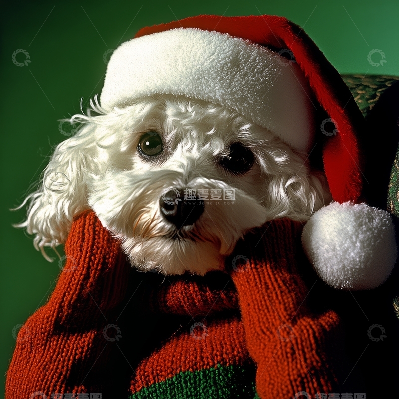 高清大图下载【趣麦麦图】戴着圣诞帽的白色小狗