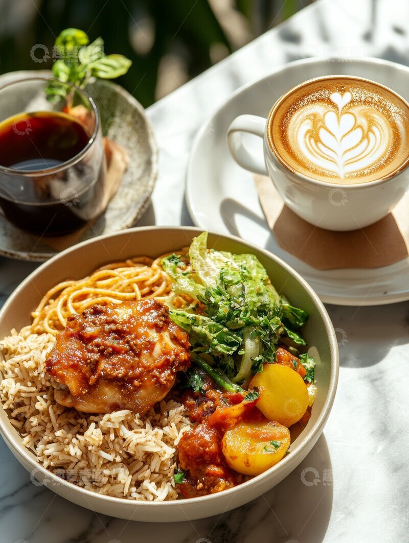 高清大图下载【趣麦麦图】美味意面配咖啡的餐桌布置