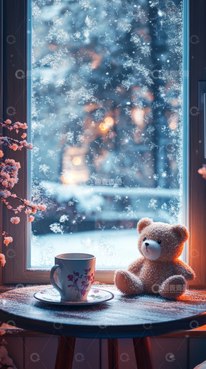 高清大图下载【趣麦麦图】窗边的温暖时光：咖啡与熊