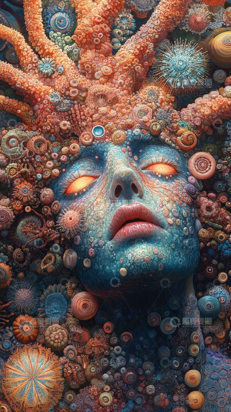 高清大图下载【趣麦麦图】梦幻人脸与珊瑚共生的艺术图像