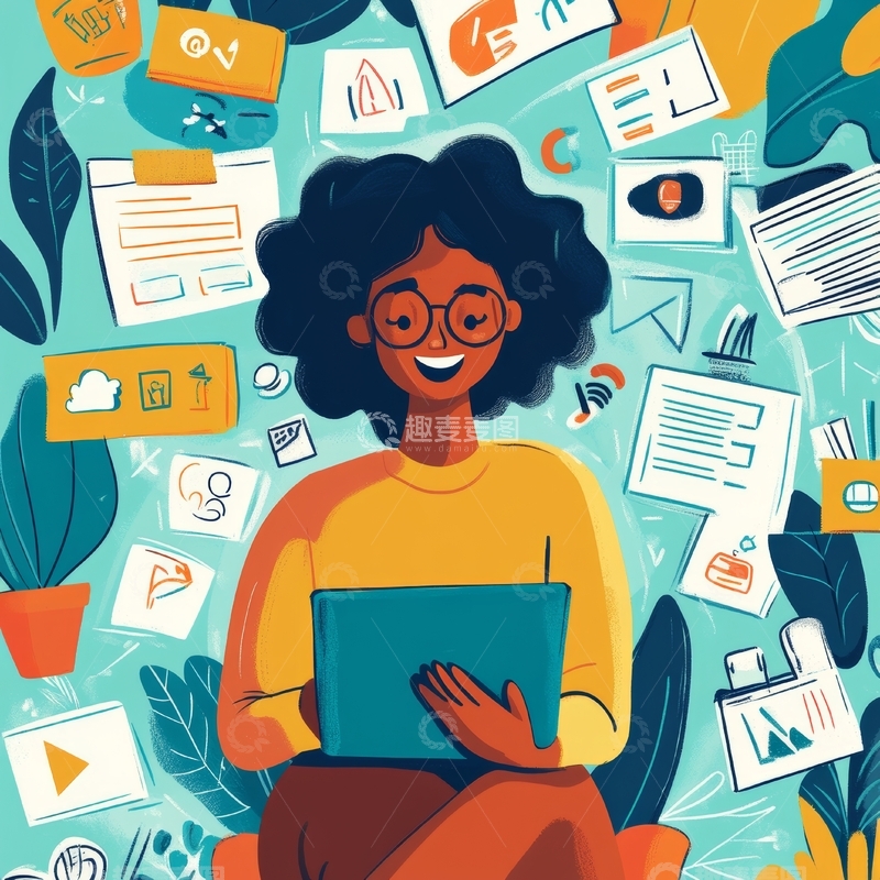 高清大图下载【趣麦麦图】女性使用笔记本电脑，周围环绕图标和文档