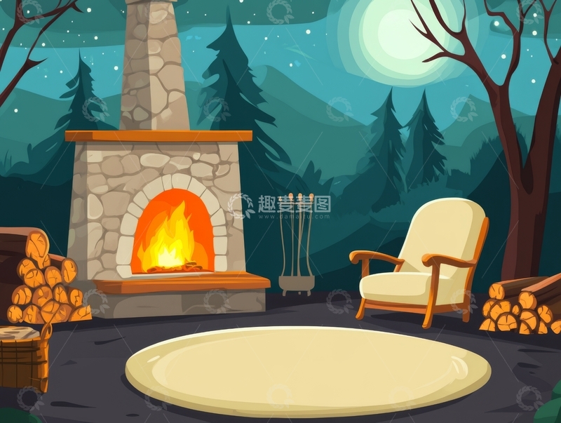 高清大图下载【趣麦麦图】夜晚森林中的户外壁炉场景