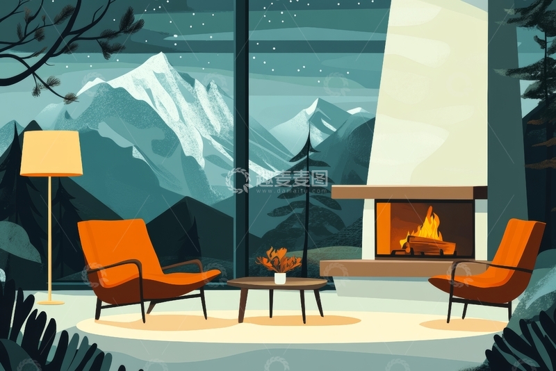 高清大图下载【趣麦麦图】雪山夜景与温馨室内