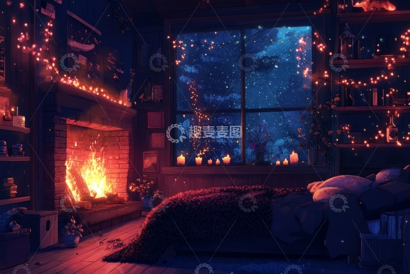 高清大图下载【趣麦麦图】温馨室内夜景，壁炉与窗外星空