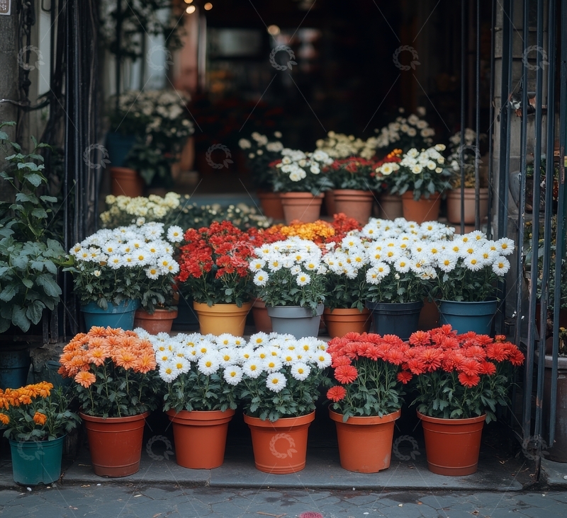 高清大图下载【趣麦麦图】花店门前摆放的各色盆栽花卉