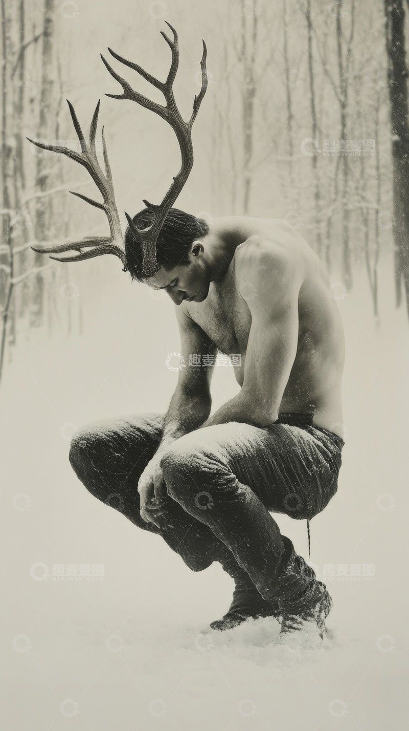 高清大图下载【趣麦麦图】雪地中的鹿角男子