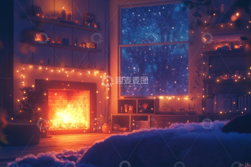 高清大图下载【趣麦麦图】温馨室内夜景，壁炉与窗外星空