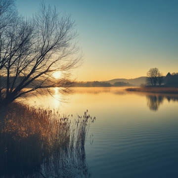 晨曦湖畔，薄雾轻笼