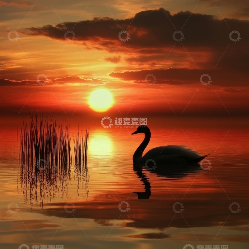高清大图下载【趣麦麦图】夕阳湖面天鹅剪影